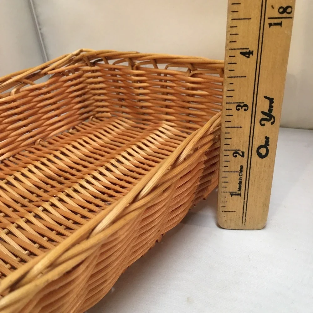 Wicker Serving Basket Medium Tan Rectangular Woven Tray Cottagecore Swing Handle